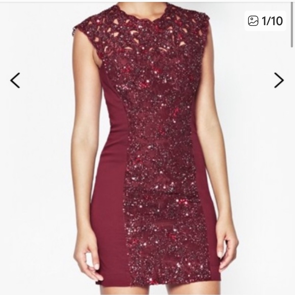 French Connection Burgundy Sequin-Panel Mini Dress NWT